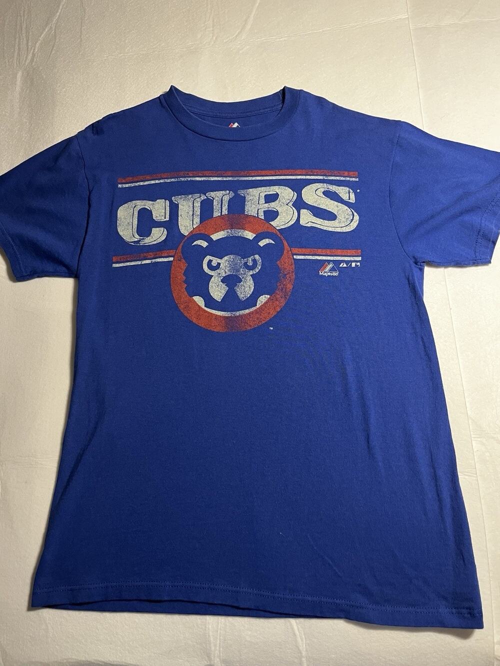Chicago Cubs Majestic T Shirt Men’s Medium Blue MLB Distressed Logo Graphic Tee